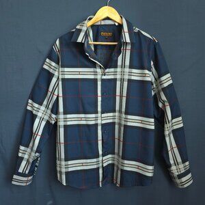 Pavini Men’s Blue Plaid Button Up Shirt Greek Key Stretch Medium Long Sleeve